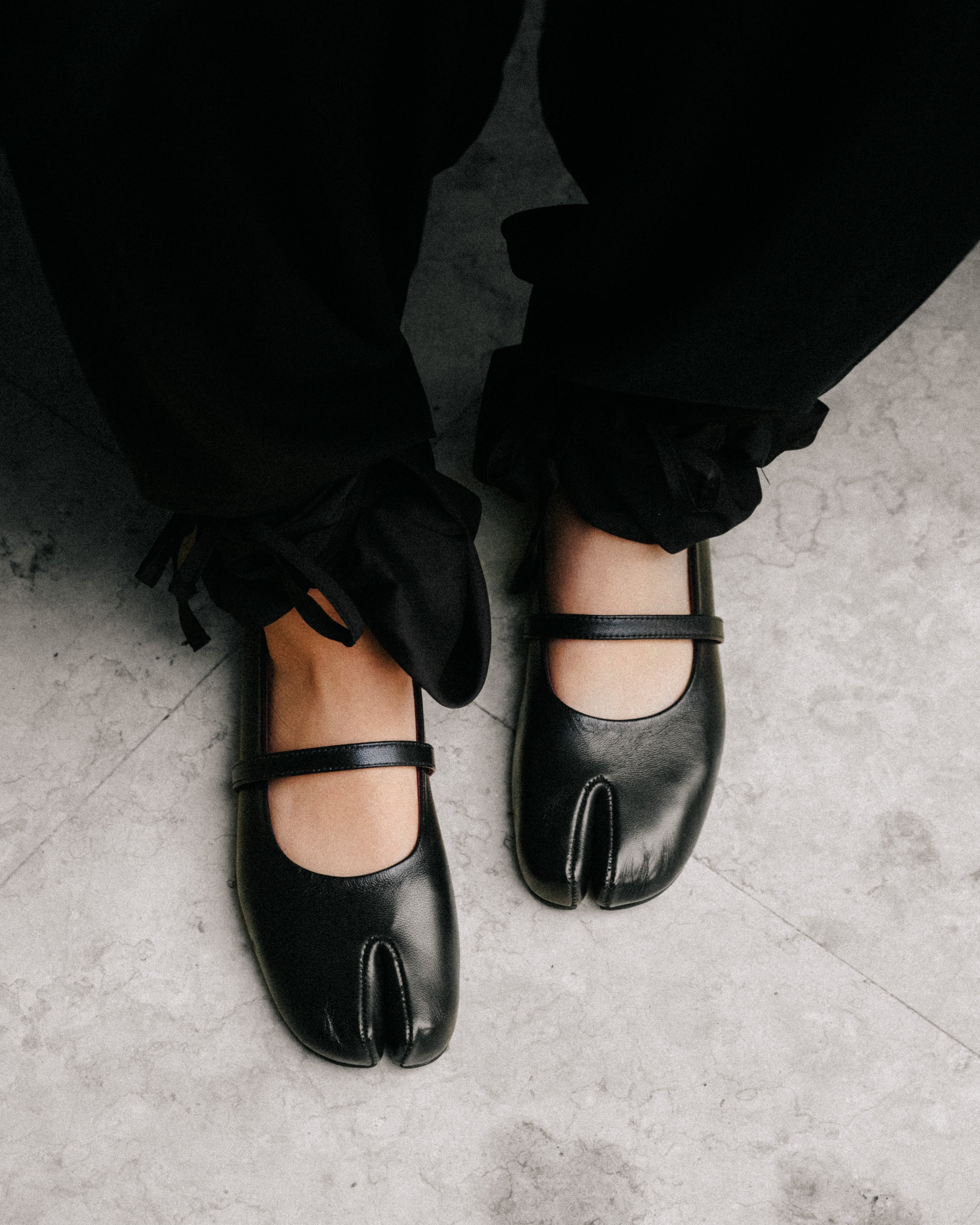 The Split Strap - Black Leather Flats